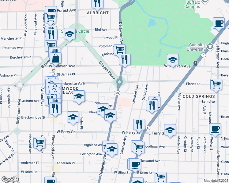 map of restaurants, bars, coffee shops, grocery stores, and more near 1296 Delaware Avenue in Buffalo