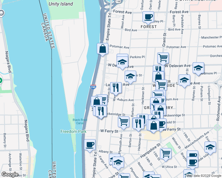 map of restaurants, bars, coffee shops, grocery stores, and more near 1076 West Avenue in Buffalo