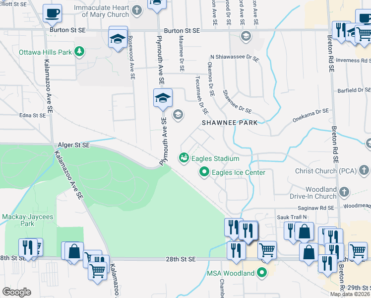 map of restaurants, bars, coffee shops, grocery stores, and more near 1843 Georgetown Drive Southeast in Grand Rapids