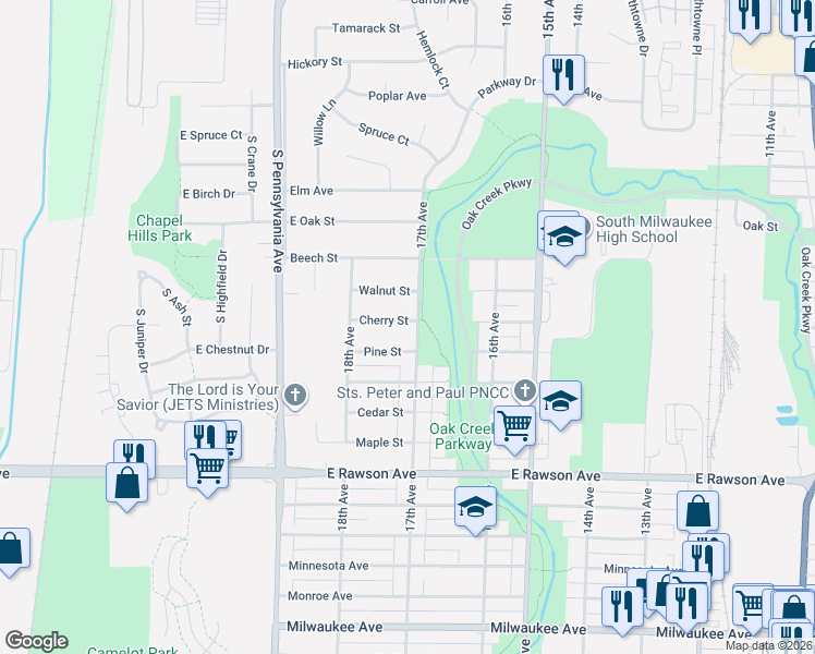 map of restaurants, bars, coffee shops, grocery stores, and more near 1104 17th Avenue in South Milwaukee