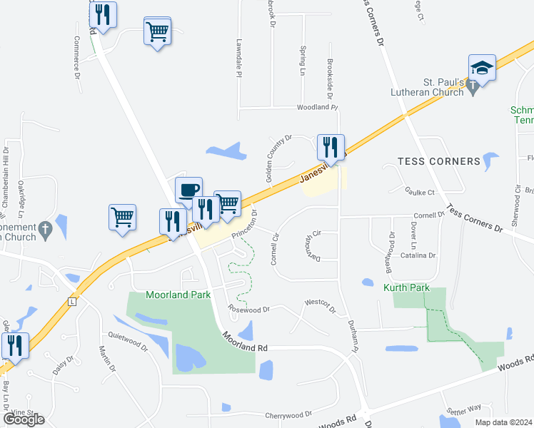 map of restaurants, bars, coffee shops, grocery stores, and more near Princeton Dr in Muskego
