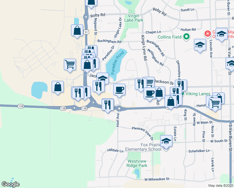 map of restaurants, bars, coffee shops, grocery stores, and more near 101 Silverado Drive in Stoughton