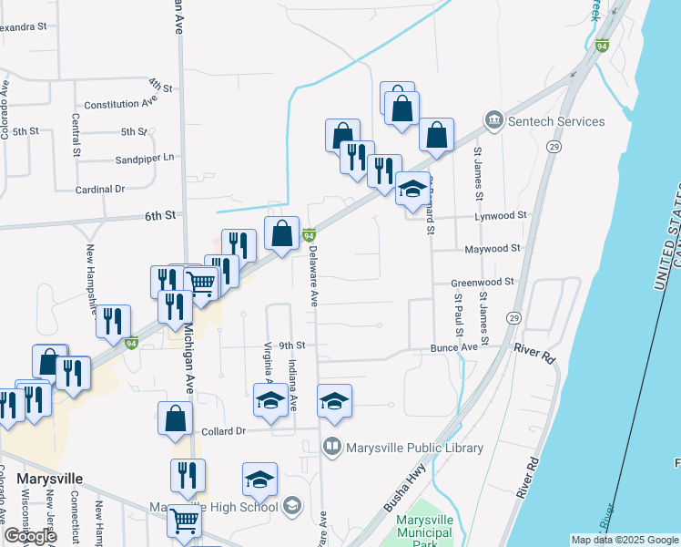 map of restaurants, bars, coffee shops, grocery stores, and more near 610 Applegate Drive in Marysville