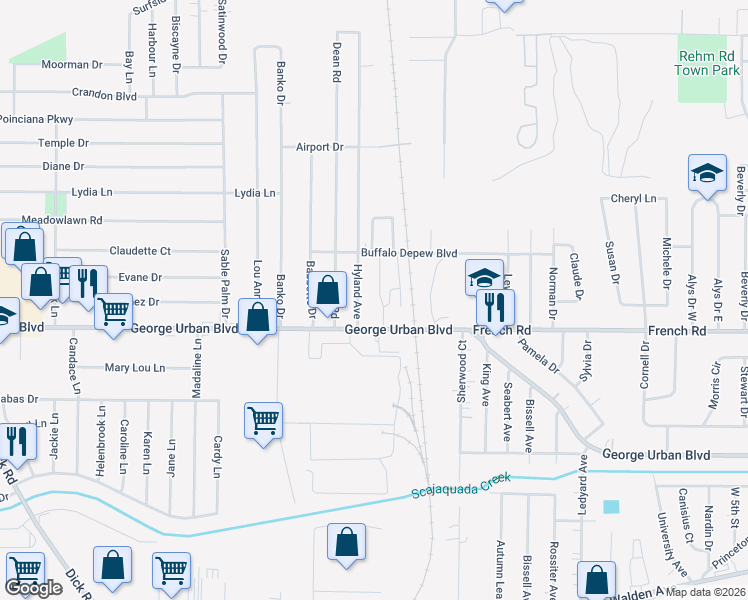 map of restaurants, bars, coffee shops, grocery stores, and more near 630 Lancer Court in Depew