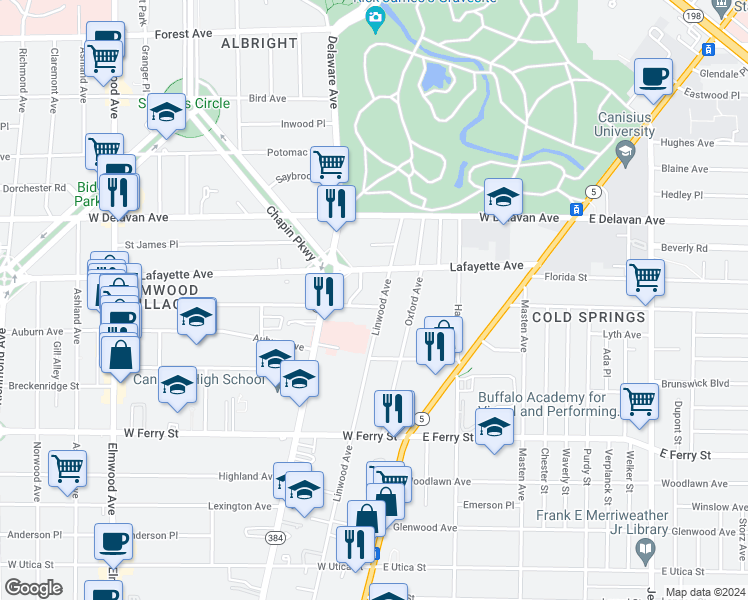 map of restaurants, bars, coffee shops, grocery stores, and more near 630 Linwood Avenue in Buffalo