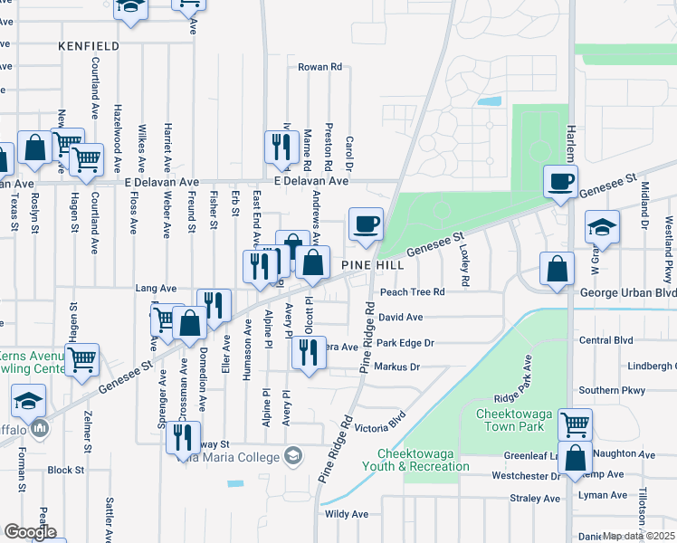 map of restaurants, bars, coffee shops, grocery stores, and more near 2374 Genesee Street in Cheektowaga