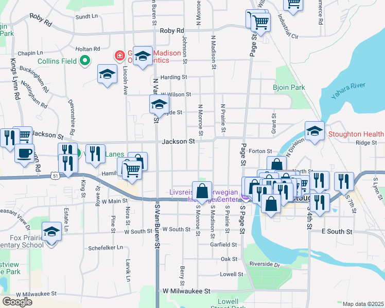 map of restaurants, bars, coffee shops, grocery stores, and more near in Stoughton