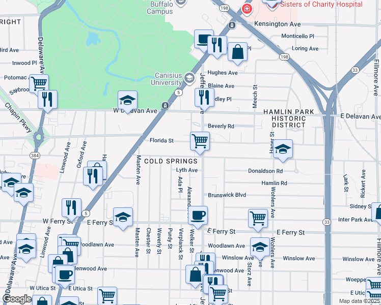 map of restaurants, bars, coffee shops, grocery stores, and more near 134 Northland Avenue in Buffalo