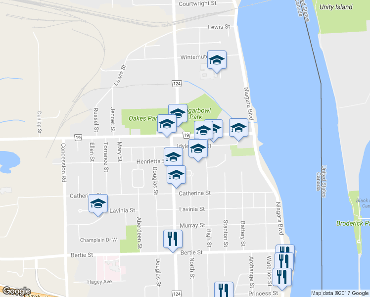 map of restaurants, bars, coffee shops, grocery stores, and more near 124 Idylewylde Street in Fort Erie