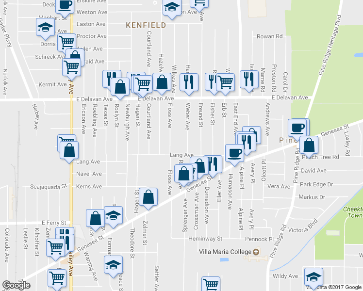map of restaurants, bars, coffee shops, grocery stores, and more near 38 Weber Ave in Buffalo