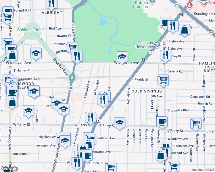 map of restaurants, bars, coffee shops, grocery stores, and more near 76 Harvard Place in Buffalo
