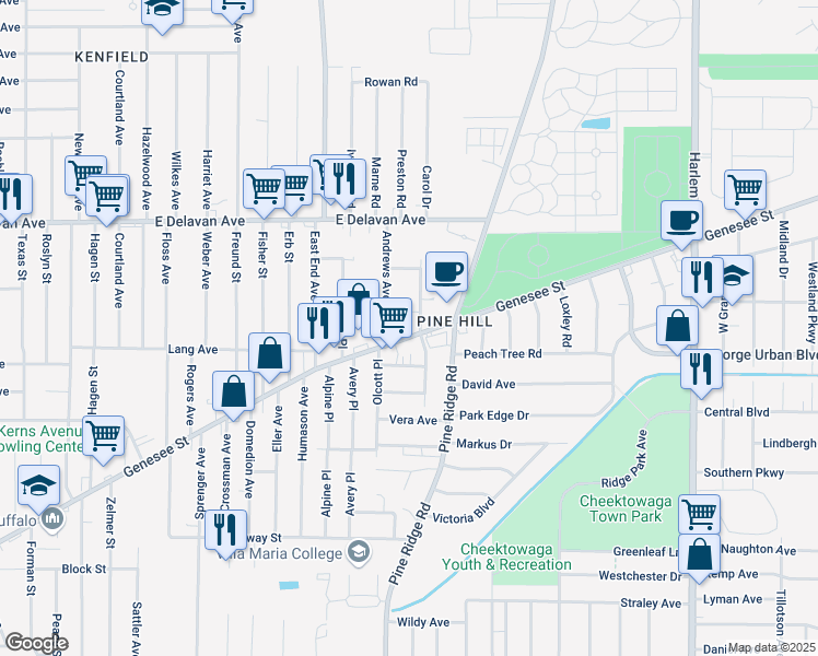 map of restaurants, bars, coffee shops, grocery stores, and more near 2374 Genesee Street in Cheektowaga