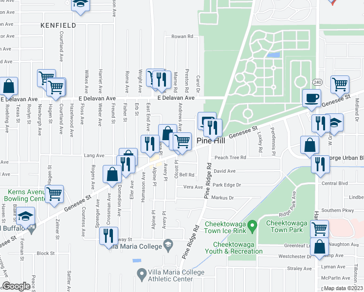 map of restaurants, bars, coffee shops, grocery stores, and more near 15 Andrews Avenue in Buffalo