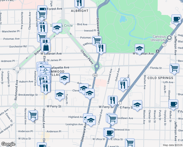 map of restaurants, bars, coffee shops, grocery stores, and more near 1310 Delaware Avenue in Buffalo