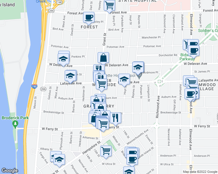 map of restaurants, bars, coffee shops, grocery stores, and more near 245 Lafayette Avenue in Buffalo