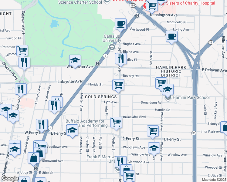 map of restaurants, bars, coffee shops, grocery stores, and more near 134 Northland Avenue in Buffalo