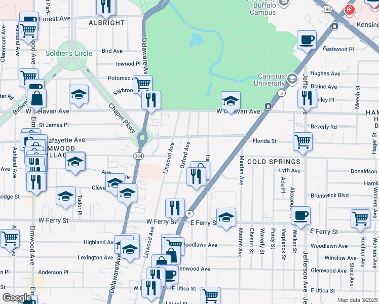 map of restaurants, bars, coffee shops, grocery stores, and more near 153 Oxford Avenue in Buffalo