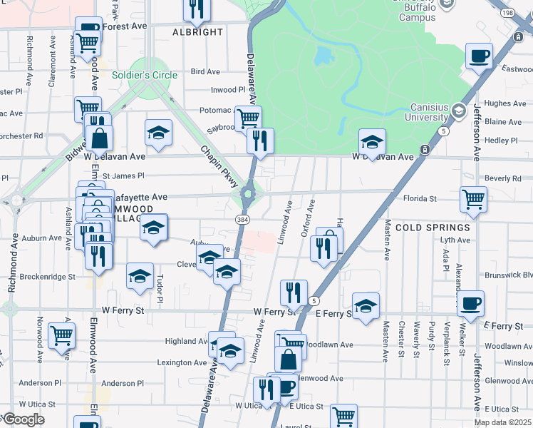 map of restaurants, bars, coffee shops, grocery stores, and more near 3 Gates Circle in Buffalo