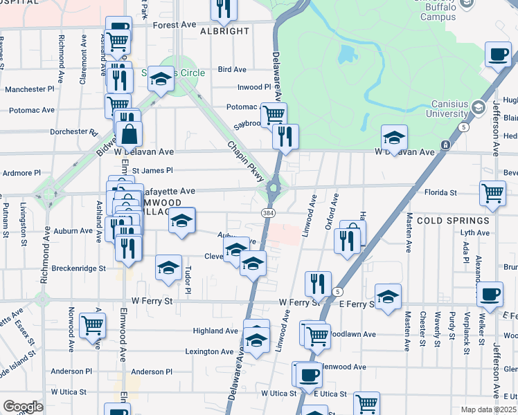 map of restaurants, bars, coffee shops, grocery stores, and more near 1296 Delaware Avenue in Buffalo