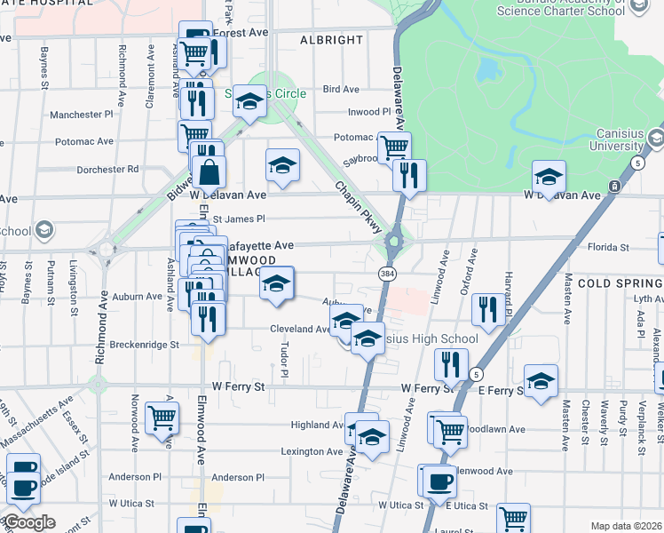 map of restaurants, bars, coffee shops, grocery stores, and more near 87 Lancaster Avenue in Buffalo