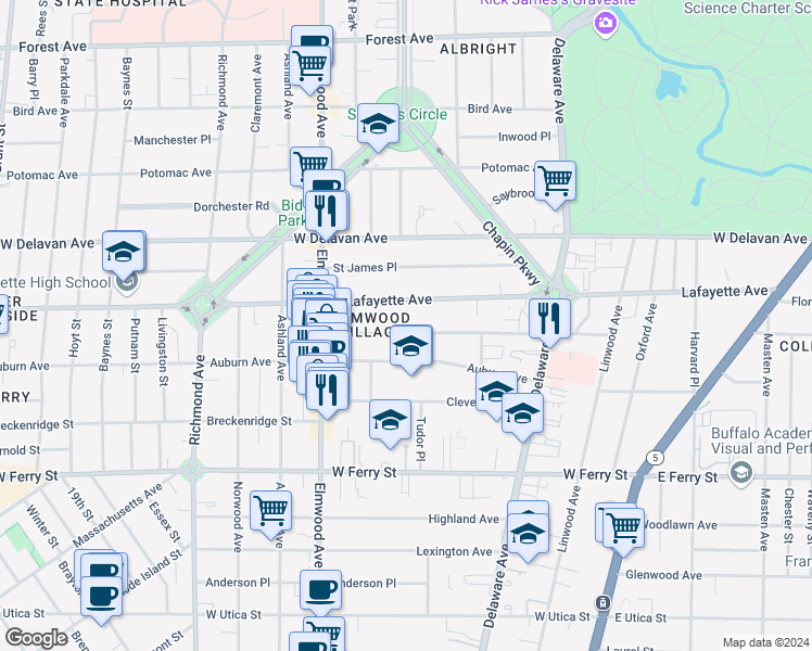 map of restaurants, bars, coffee shops, grocery stores, and more near 135 Lancaster Avenue in Buffalo
