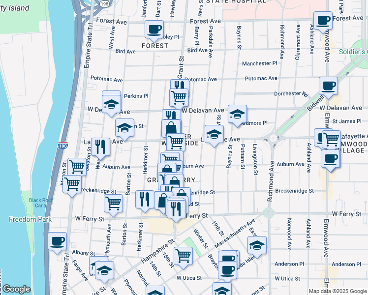 map of restaurants, bars, coffee shops, grocery stores, and more near in Buffalo