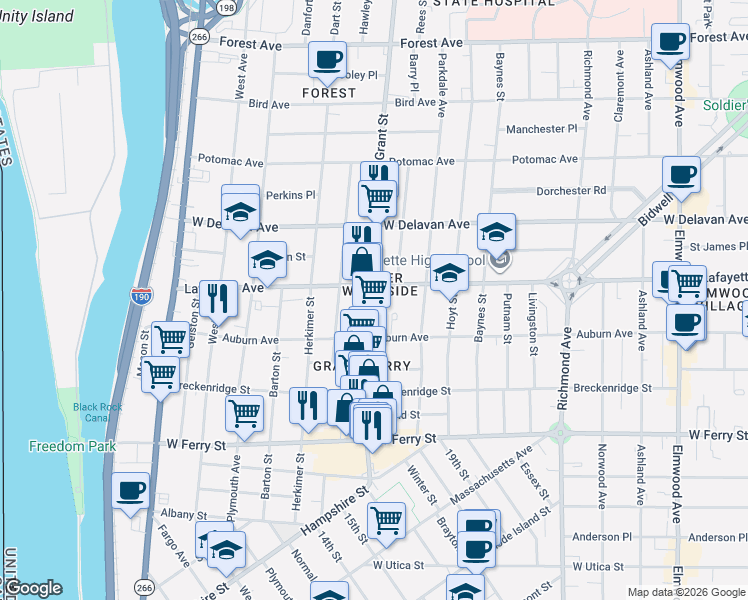 map of restaurants, bars, coffee shops, grocery stores, and more near in Buffalo