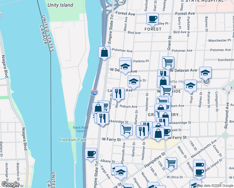 map of restaurants, bars, coffee shops, grocery stores, and more near 1076 West Avenue in Buffalo