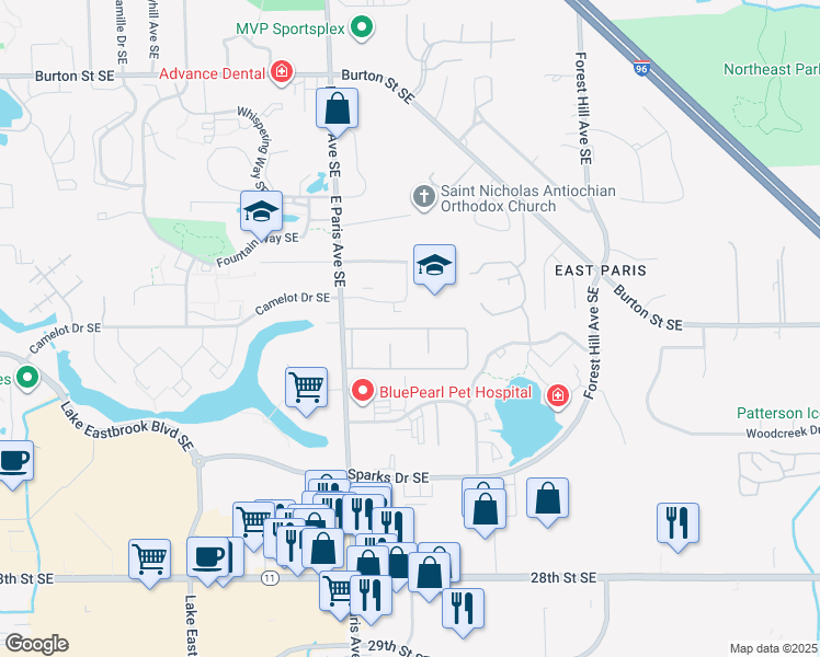 map of restaurants, bars, coffee shops, grocery stores, and more near 4099 South Norway Street Southeast in Grand Rapids