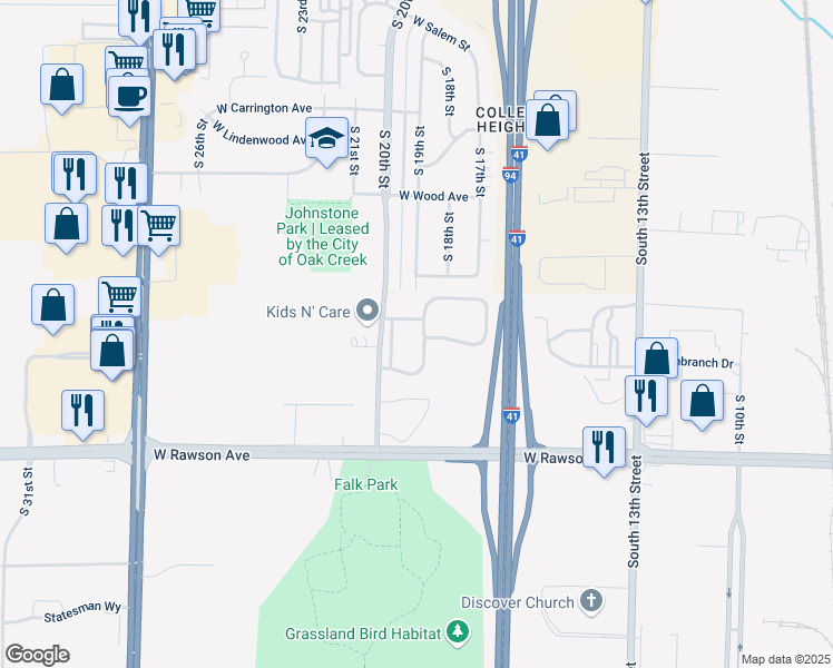 map of restaurants, bars, coffee shops, grocery stores, and more near 6915 South Timber Ridge Lane in Oak Creek