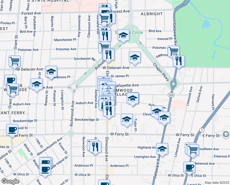 map of restaurants, bars, coffee shops, grocery stores, and more near 207 Lancaster Avenue in Buffalo