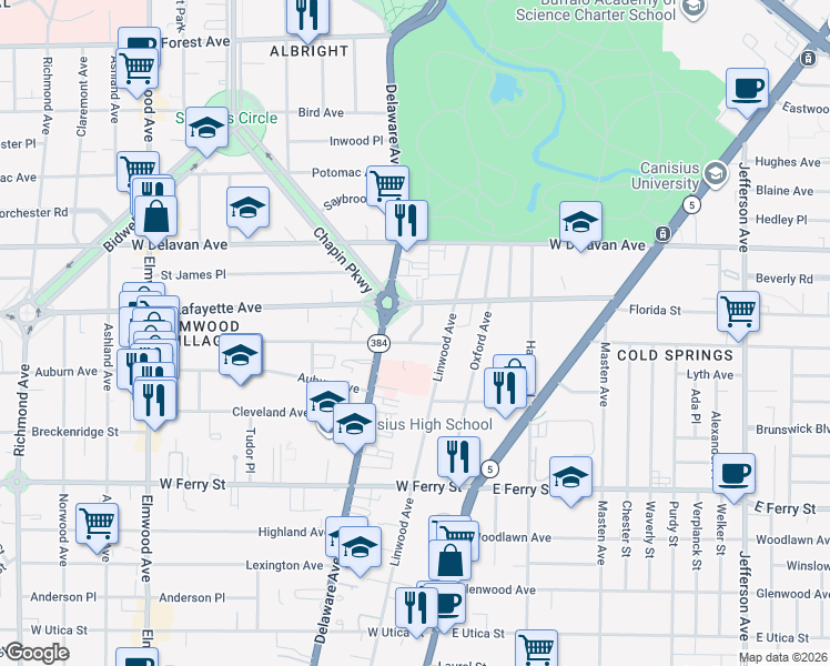 map of restaurants, bars, coffee shops, grocery stores, and more near 3 Gates Circle in Buffalo