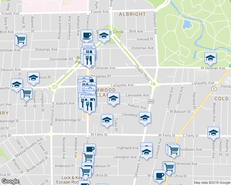 map of restaurants, bars, coffee shops, grocery stores, and more near 135 Lancaster Avenue in Buffalo
