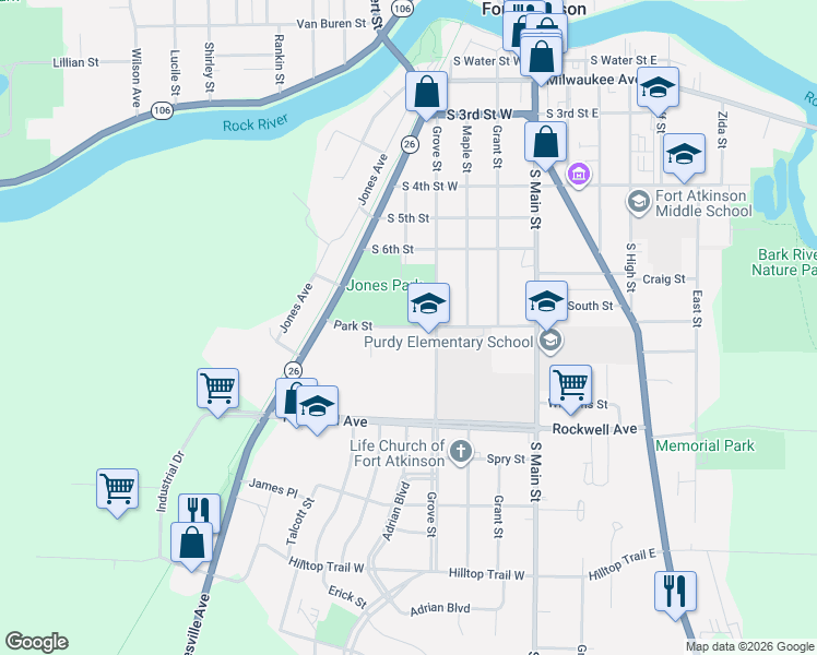 map of restaurants, bars, coffee shops, grocery stores, and more near 309 Park Street in Fort Atkinson