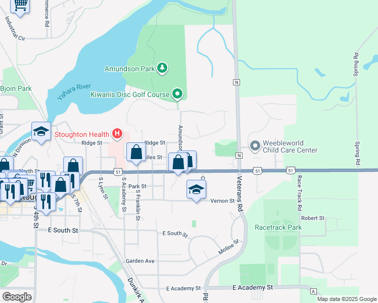 map of restaurants, bars, coffee shops, grocery stores, and more near 1301-1399 Vennevoll Dr in Stoughton