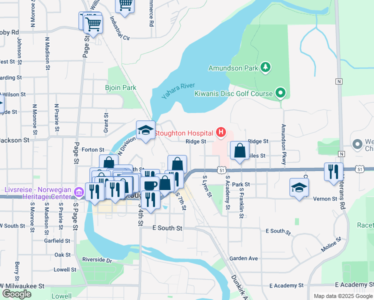 map of restaurants, bars, coffee shops, grocery stores, and more near 132 Hillside Avenue in Stoughton