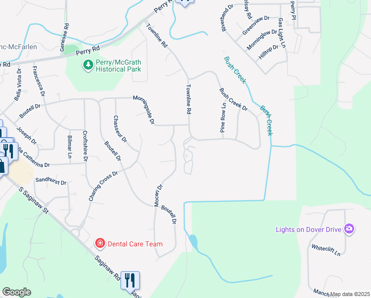 map of restaurants, bars, coffee shops, grocery stores, and more near 12263 Woodside Drive in Grand Blanc