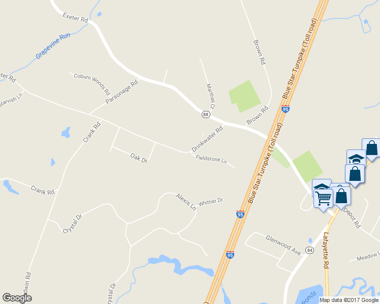 map of restaurants, bars, coffee shops, grocery stores, and more near 15 Drinkwater Road in Hampton Falls