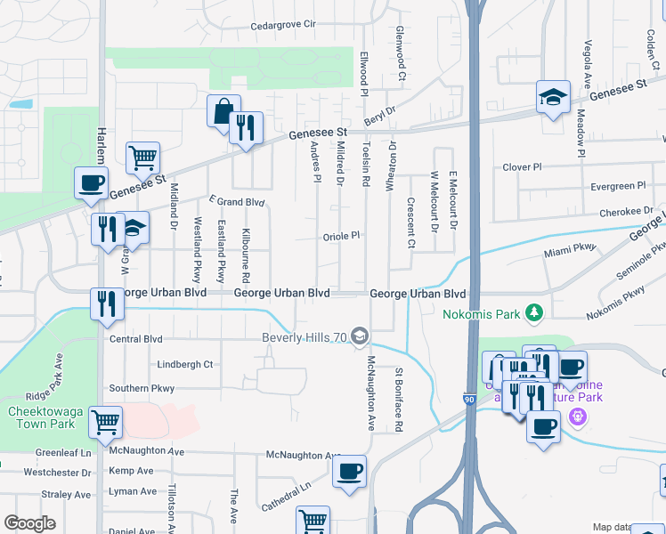 map of restaurants, bars, coffee shops, grocery stores, and more near 15 Mildred Drive in Cheektowaga