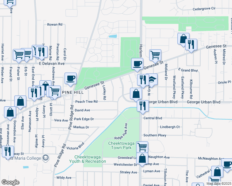 map of restaurants, bars, coffee shops, grocery stores, and more near 24 Kaufman Drive in Cheektowaga