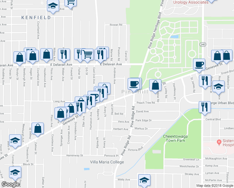 map of restaurants, bars, coffee shops, grocery stores, and more near 2340 Genesee Street in Cheektowaga