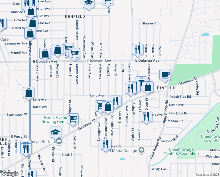 map of restaurants, bars, coffee shops, grocery stores, and more near 82 Freund Street in Buffalo