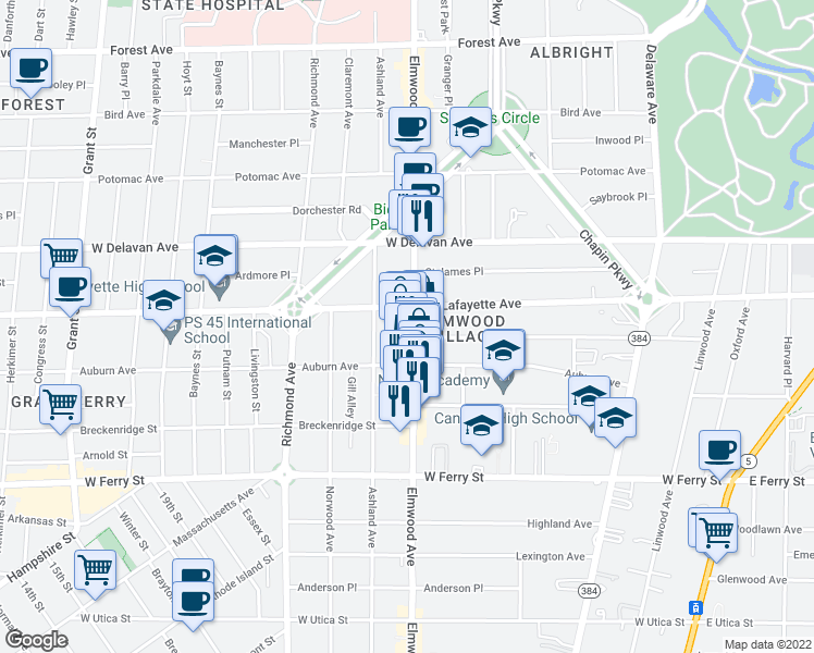 map of restaurants, bars, coffee shops, grocery stores, and more near 818 Elmwood Avenue in Buffalo