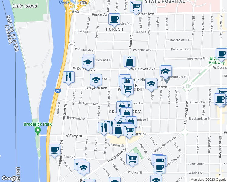 map of restaurants, bars, coffee shops, grocery stores, and more near 245 Herkimer Street in Buffalo