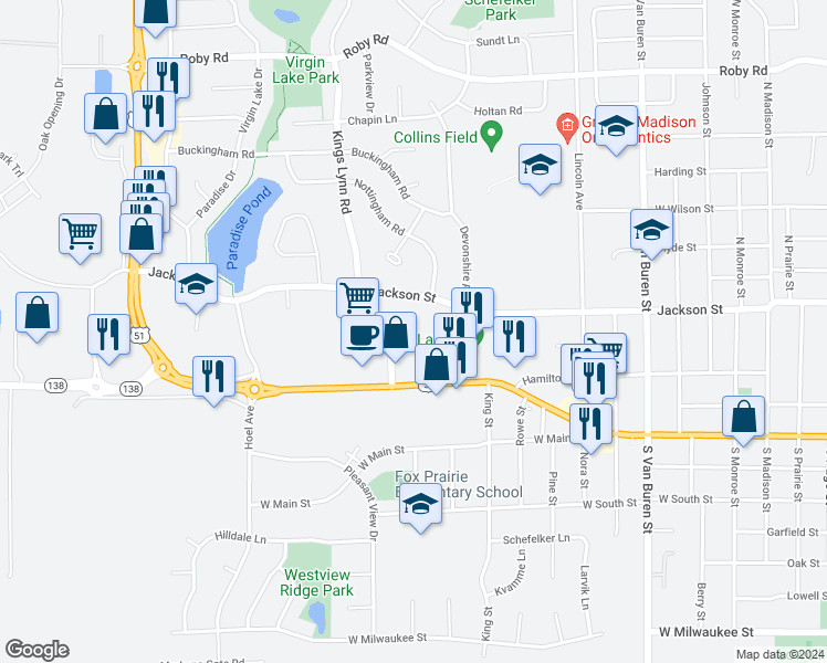 map of restaurants, bars, coffee shops, grocery stores, and more near 1601 Kenilworth Court in Stoughton
