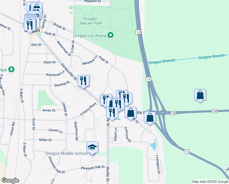 map of restaurants, bars, coffee shops, grocery stores, and more near 917 Janesville Street in Oregon