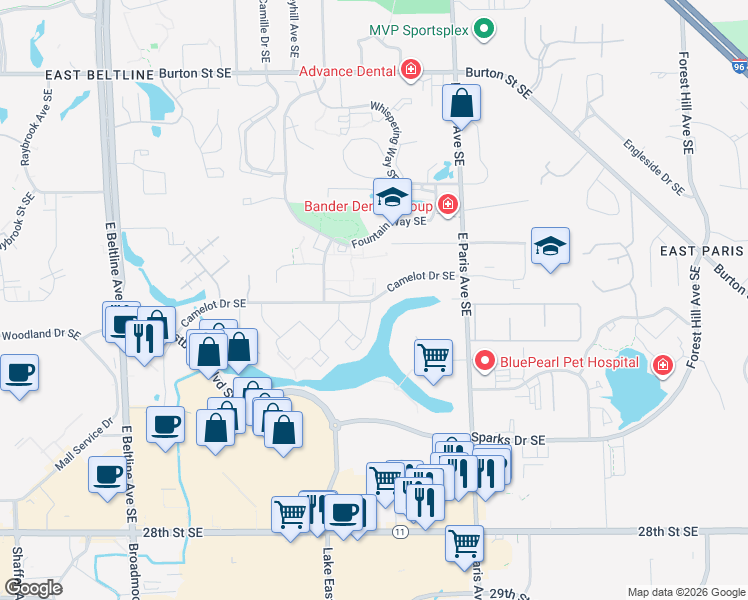 map of restaurants, bars, coffee shops, grocery stores, and more near 3758 Camelot Dr SE in Grand Rapids