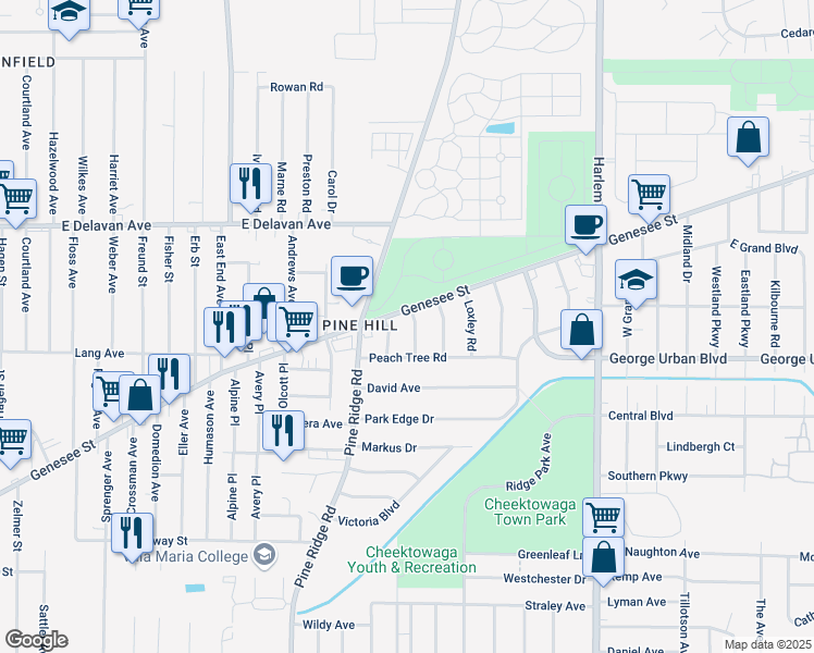 map of restaurants, bars, coffee shops, grocery stores, and more near 28 Rowland Avenue in Buffalo