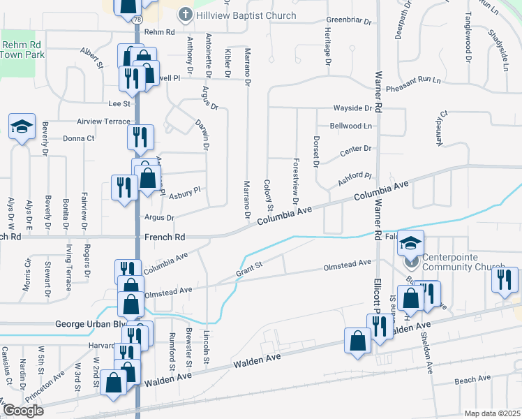 map of restaurants, bars, coffee shops, grocery stores, and more near 1 Marrano Drive in Depew