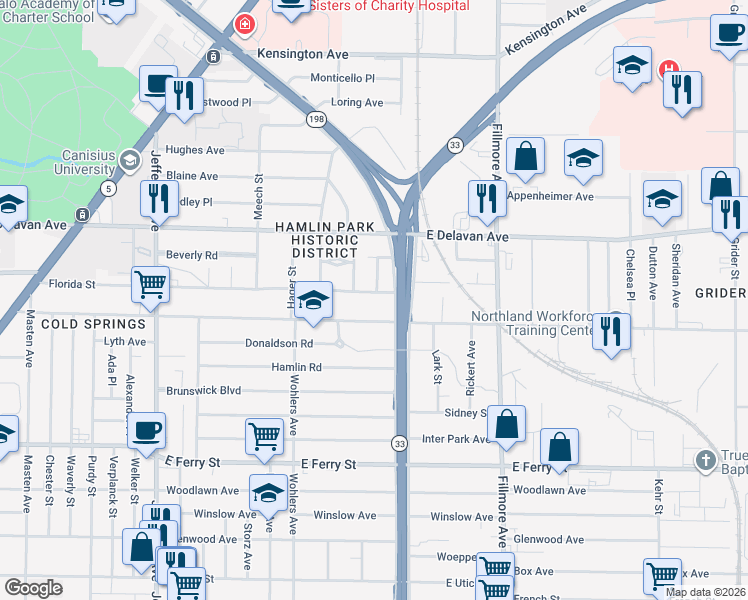 map of restaurants, bars, coffee shops, grocery stores, and more near 408 Northland Avenue in Buffalo